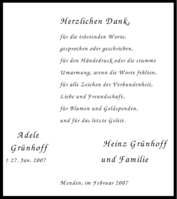 Traueranzeige von Adele Grünhoff von WESTFÄLISCHER ANZEIGER