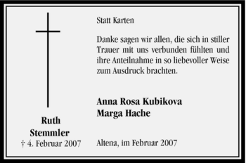 Traueranzeige von Ruth Stemmler von WESTFÄLISCHER ANZEIGER