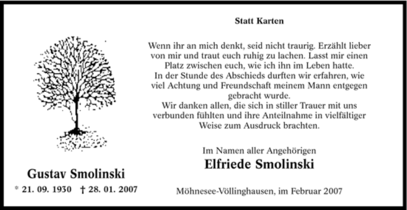  Traueranzeige für Gustav Smolinski vom 24.02.2007 aus WESTFÄLISCHER ANZEIGER