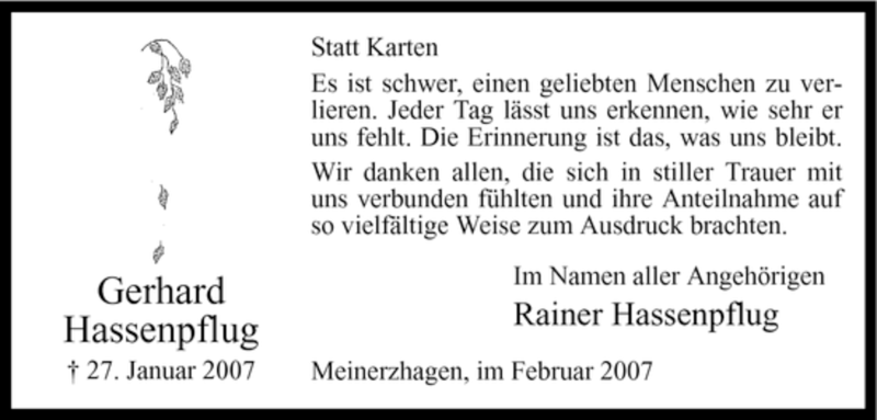  Traueranzeige für Gerhard Hassenpflug vom 24.02.2007 aus WESTFÄLISCHER ANZEIGER