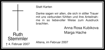 Traueranzeige von Ruth Stemmler von WESTFÄLISCHER ANZEIGER