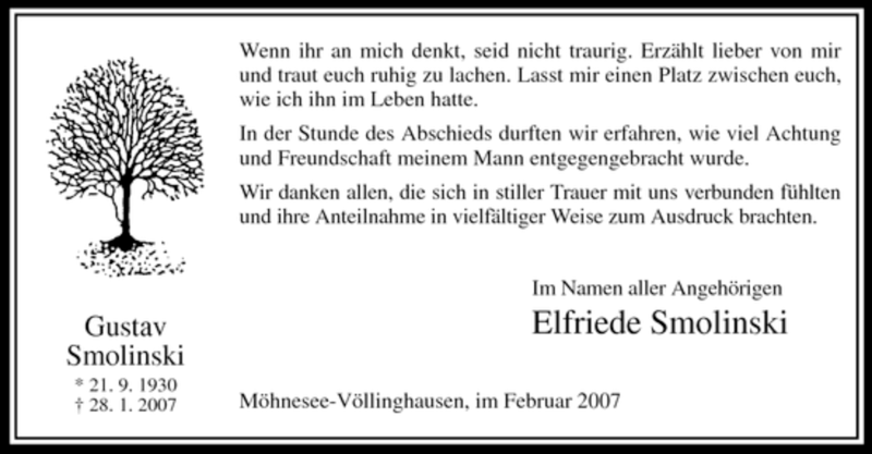  Traueranzeige für Gustav Smolinski vom 24.02.2007 aus WESTFÄLISCHER ANZEIGER