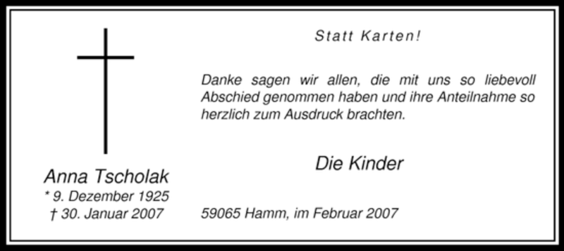  Traueranzeige für Anna Tscholak vom 24.02.2007 aus WESTFÄLISCHER ANZEIGER