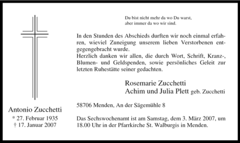  Traueranzeige für Antonio Zucchetti vom 26.02.2007 aus WESTFÄLISCHER ANZEIGER
