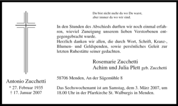 Traueranzeige von Antonio Zucchetti von WESTFÄLISCHER ANZEIGER