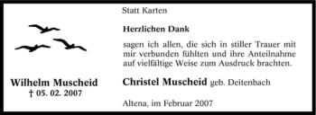 Traueranzeige von Wilhelm Muscheid von WESTFÄLISCHER ANZEIGER