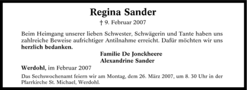  Traueranzeige für Regina Sander vom 28.02.2007 aus WESTFÄLISCHER ANZEIGER