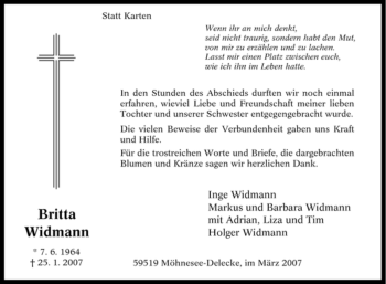 Traueranzeige von Britta Widmann von WESTFÄLISCHER ANZEIGER