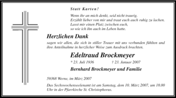 Traueranzeige von Edeltraud Brockmeyer von WESTFÄLISCHER ANZEIGER
