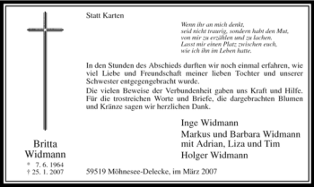Traueranzeige von Britta Widmann von WESTFÄLISCHER ANZEIGER