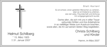 Traueranzeige von Helmut Schilberg von WESTFÄLISCHER ANZEIGER