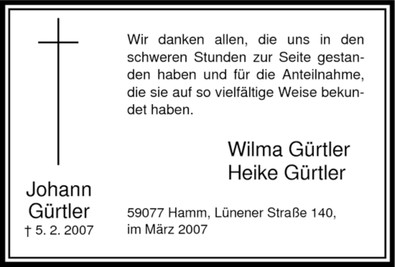  Traueranzeige für Johann Gürtler vom 03.03.2007 aus WESTFÄLISCHER ANZEIGER