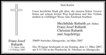 Traueranzeige von Franz-Josef Rubarth von WESTFÄLISCHER ANZEIGER
