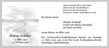 Traueranzeige von Helene Schikor von WESTFÄLISCHER ANZEIGER