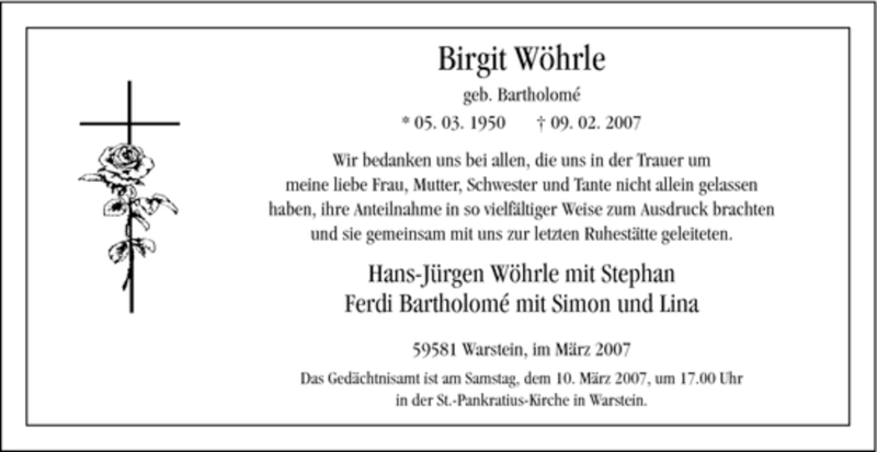  Traueranzeige für Birgit Wöhrle vom 09.03.2007 aus WESTFÄLISCHER ANZEIGER