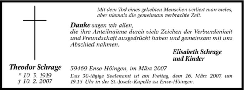  Traueranzeige für Theodor Schrage vom 10.03.2007 aus WESTFÄLISCHER ANZEIGER