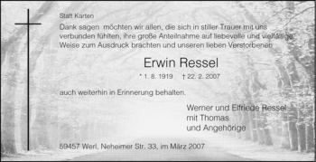 Traueranzeige von Erwin Ressel von WESTFÄLISCHER ANZEIGER