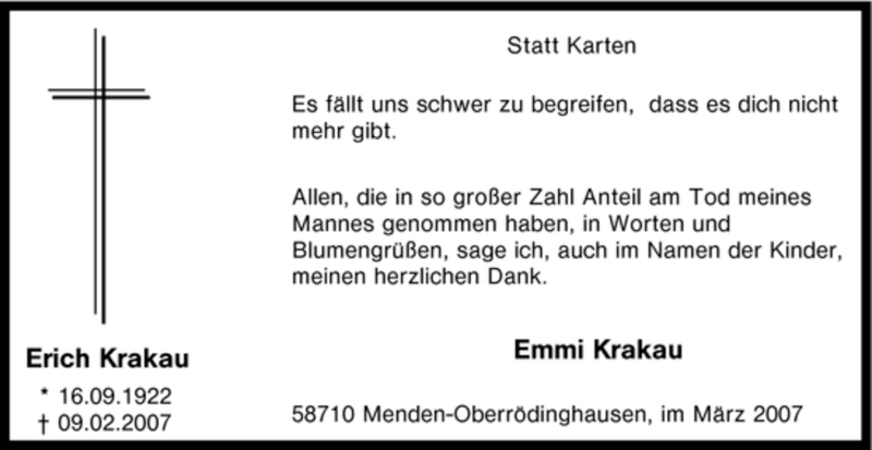  Traueranzeige für Erich Krakau vom 10.03.2007 aus WESTFÄLISCHER ANZEIGER