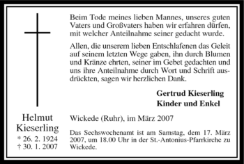 Traueranzeige von Helmut Kieserling von WESTFÄLISCHER ANZEIGER