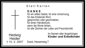 Traueranzeige von Hedwig Heider von WESTFÄLISCHER ANZEIGER