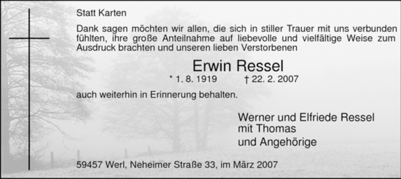  Traueranzeige für Erwin Ressel vom 10.03.2007 aus WESTFÄLISCHER ANZEIGER