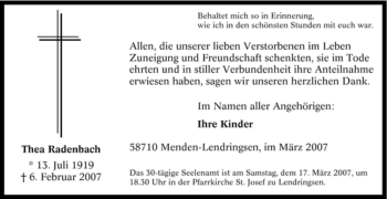 Traueranzeige von Thea Radenbach von WESTFÄLISCHER ANZEIGER