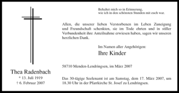 Traueranzeige von Thea Radenbach von WESTFÄLISCHER ANZEIGER