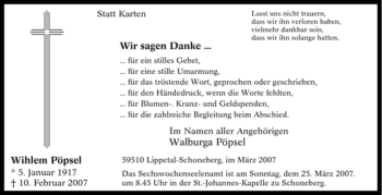 Traueranzeige von Wilhelm Pöpsel von WESTFÄLISCHER ANZEIGER