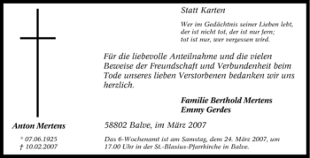 Traueranzeige von Anton Mertens von WESTFÄLISCHER ANZEIGER