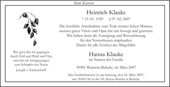 Traueranzeige von Heinrich Klauke von WESTFÄLISCHER ANZEIGER