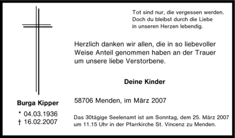  Traueranzeige für Burga Kipper vom 17.03.2007 aus WESTFÄLISCHER ANZEIGER