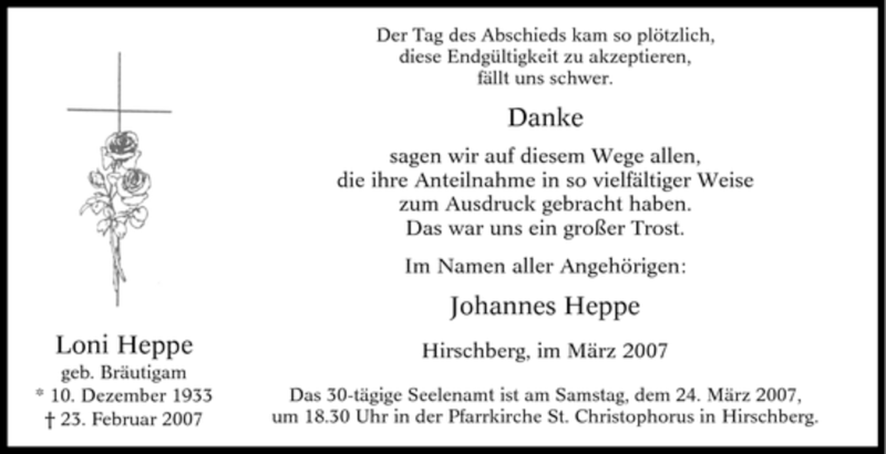  Traueranzeige für Loni Heppe vom 17.03.2007 aus WESTFÄLISCHER ANZEIGER