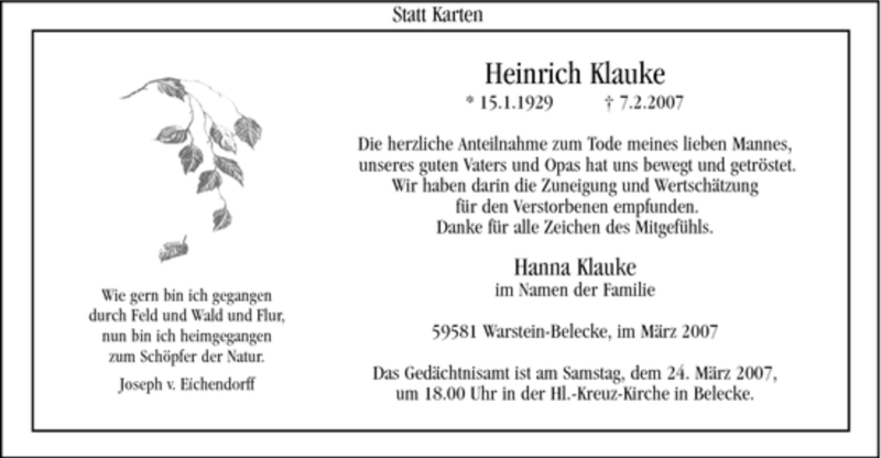  Traueranzeige für Hanna Klauke vom 17.03.2007 aus WESTFÄLISCHER ANZEIGER