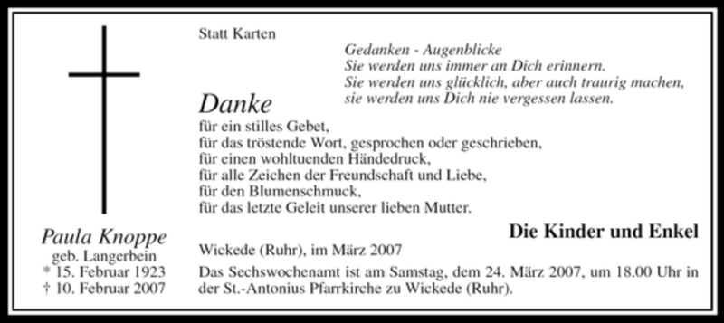  Traueranzeige für Paula Knoppe vom 17.03.2007 aus WESTFÄLISCHER ANZEIGER