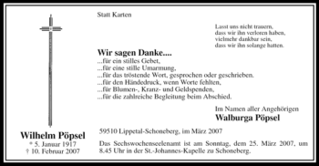 Traueranzeige von Wilhelm Pöpsel von WESTFÄLISCHER ANZEIGER