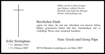 Traueranzeige von Sofie Sirringhaus von WESTFÄLISCHER ANZEIGER