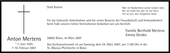 Traueranzeige von Anton Mertens von WESTFÄLISCHER ANZEIGER
