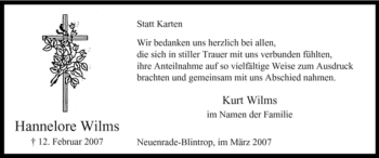 Traueranzeige von Hannelore Wilms von WESTFÄLISCHER ANZEIGER