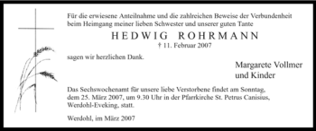 Traueranzeige von Hedwig Rohrmann von WESTFÄLISCHER ANZEIGER
