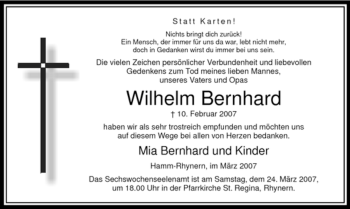 Traueranzeige von Wilhelm Bernhard von WESTFÄLISCHER ANZEIGER