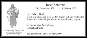 Traueranzeige von Josef Schmitz von WESTFÄLISCHER ANZEIGER