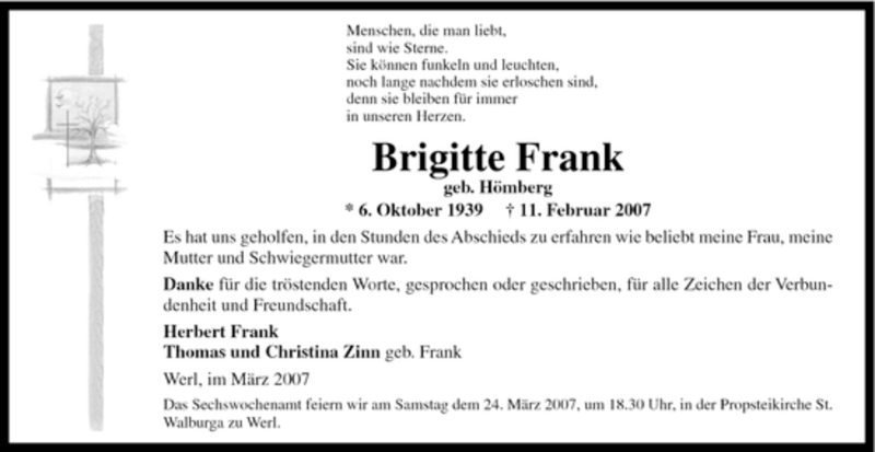  Traueranzeige für Brigitte Frank vom 20.03.2007 aus WESTFÄLISCHER ANZEIGER