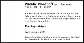 Traueranzeige von Natalie Nordhoff von WESTFÄLISCHER ANZEIGER