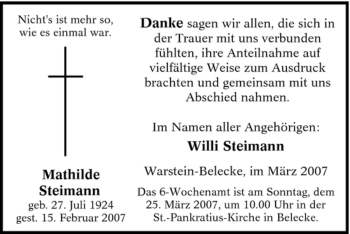 Traueranzeige von Mathilde Steimann von WESTFÄLISCHER ANZEIGER