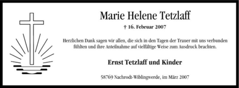  Traueranzeige für Marie Helene Tetzlaff vom 20.03.2007 aus WESTFÄLISCHER ANZEIGER