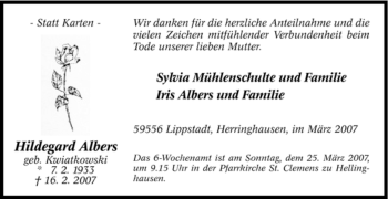 Traueranzeige von Hildegard Albers von WESTFÄLISCHER ANZEIGER