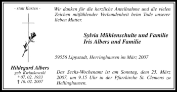 Traueranzeige von Hildegard Albers von WESTFÄLISCHER ANZEIGER