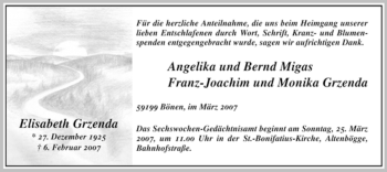 Traueranzeige von Elisabeth Grzenda von WESTFÄLISCHER ANZEIGER