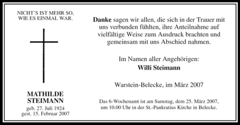  Traueranzeige für Mathilde Steinmann vom 20.03.2007 aus WESTFÄLISCHER ANZEIGER