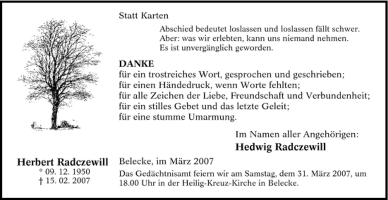  Traueranzeige für Herbert Radczewill vom 24.03.2007 aus WESTFÄLISCHER ANZEIGER